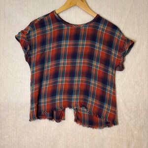 Cloth & Stone Anthropologie Button Up Back Plaid Top Raw Hem Casual Shirt